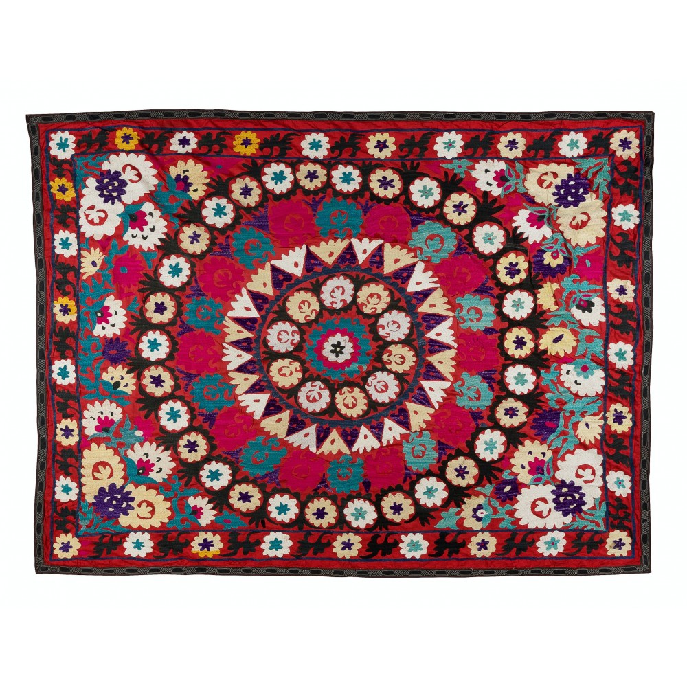 Vintage Silk Hand Embroidery Bed Cover, Central Asian Suzani Wall Hanging
