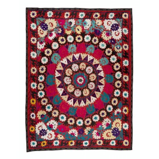 Vintage Silk Hand Embroidery Bed Cover. Central Asian Suzani Wall Hanging
