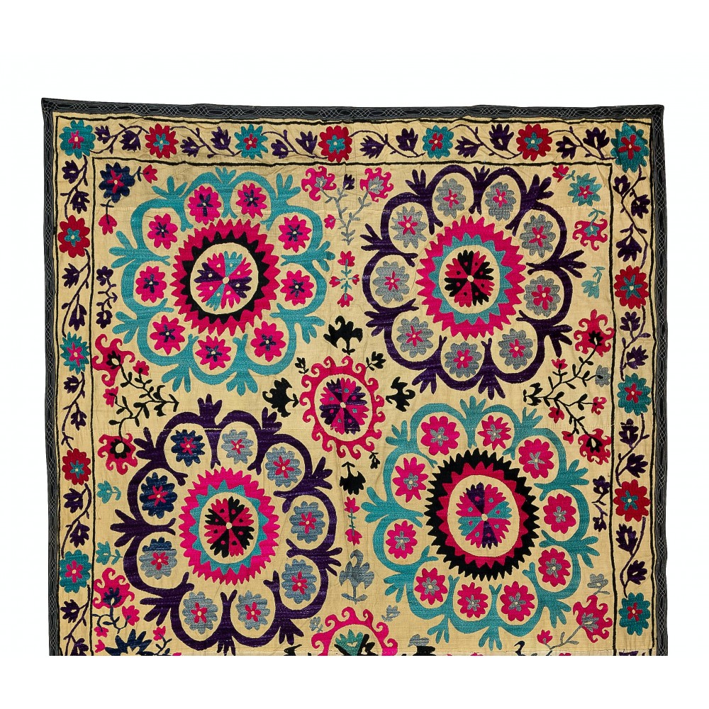 Silk Embroidery Throw. Floral 1970s Suzani Tapestry. Uzbek Wall Hanging