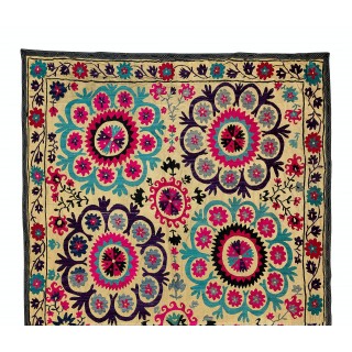 Silk Embroidery Throw. Floral 1970s Suzani Tapestry. Vintage Wall Hanging