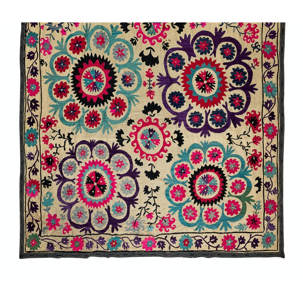 Silk Embroidery Throw. Floral 1970s Suzani Tapestry. Uzbek Wall Hanging