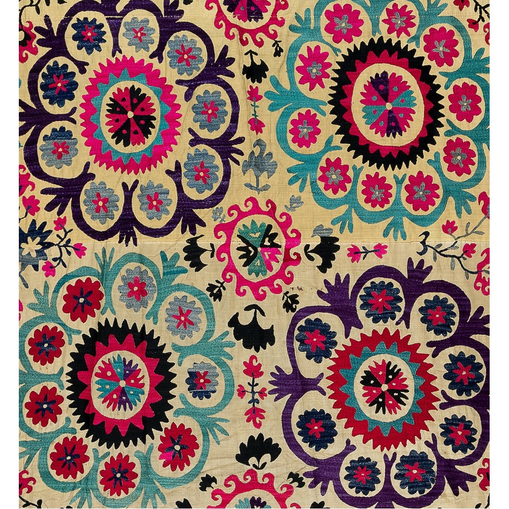 Silk Embroidery Throw. Floral 1970s Suzani Tapestry. Uzbek Wall Hanging