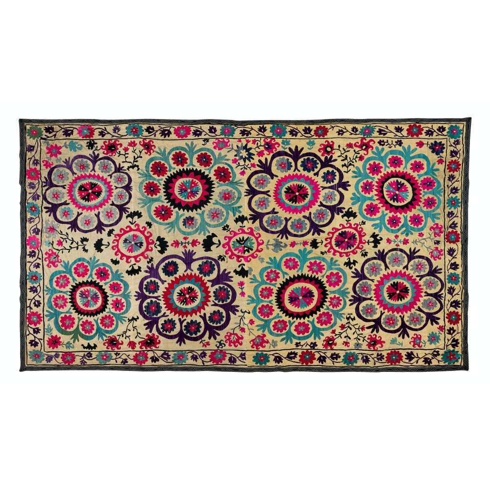 Silk Embroidery Throw. Floral 1970s Suzani Tapestry. Uzbek Wall Hanging