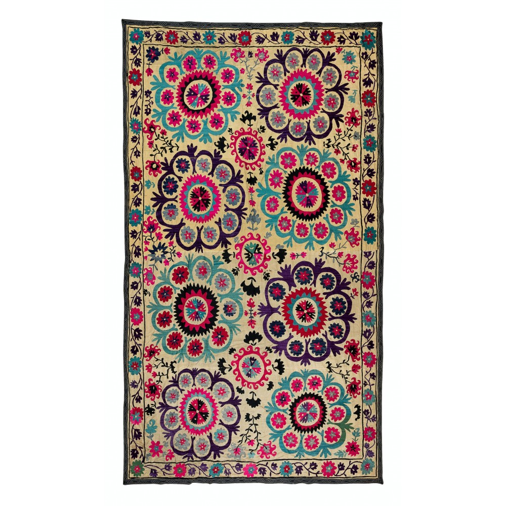 Silk Embroidery Throw. Floral 1970s Suzani Tapestry. Uzbek Wall Hanging