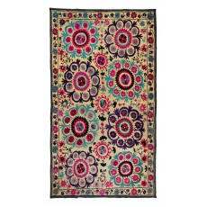 Silk Embroidery Throw. Floral 1970s Suzani Tapestry. Vintage Wall Hanging