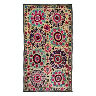 Silk Embroidery Throw. Floral 1970s Suzani Tapestry. Vintage Wall Hanging