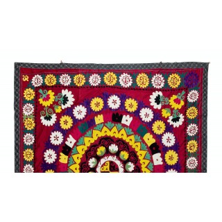 Silk Embroidery Table Cover. Suzani Wall Hanging. Vintage Red Tapestry