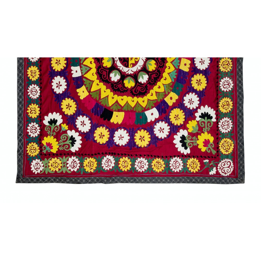 Silk Embroidery Table Cover, Suzani Wall Hanging, Vintage Red Tapestry