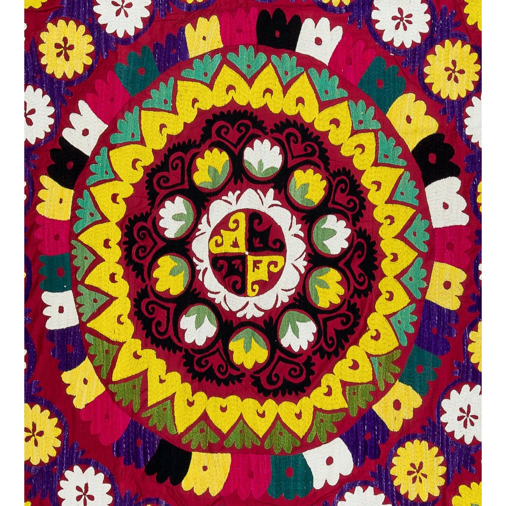 Silk Embroidery Table Cover, Suzani Wall Hanging, Vintage Red Tapestry