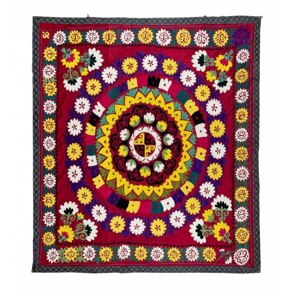 Silk Embroidery Table Cover, Suzani Wall Hanging, Vintage Red Tapestry