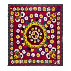 Silk Embroidery Table Cover. Suzani Wall Hanging. Vintage Red Tapestry