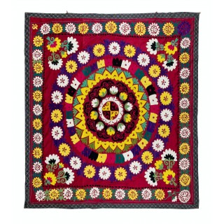 Silk Embroidery Table Cover. Suzani Wall Hanging. Vintage Red Tapestry