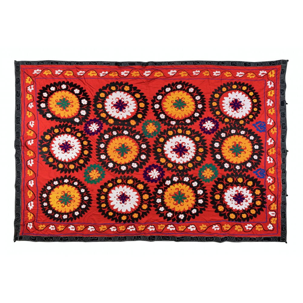 Vintage Silk Hand Embroidery Bed Cover, Uzbek Suzani Wall Hanging