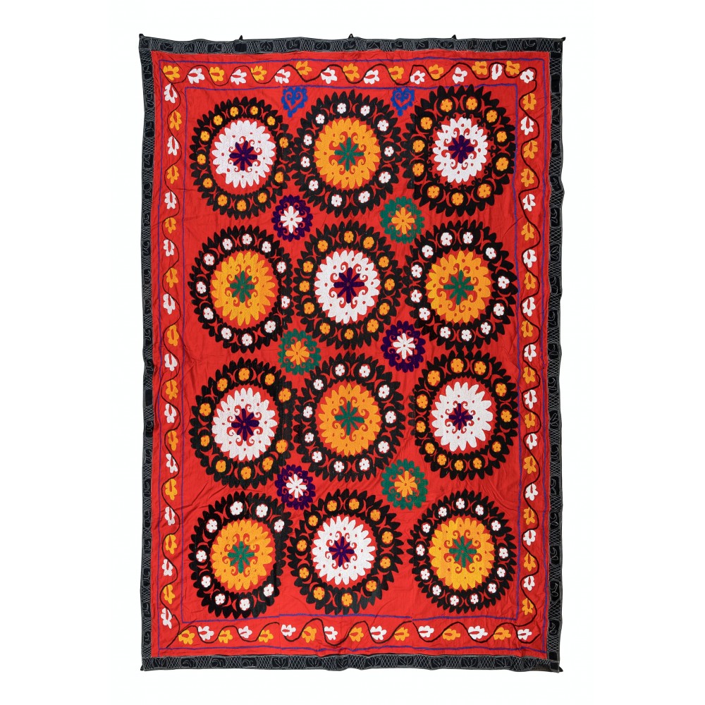 Vintage Silk Hand Embroidery Bed Cover, Uzbek Suzani Wall Hanging