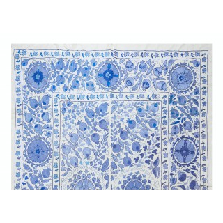 Silk Embroidery Wall Hanging in Blue & Cream. Uzbek Bedspread. Handmade Tablecloth. Suzani Textile Wall Tapestry