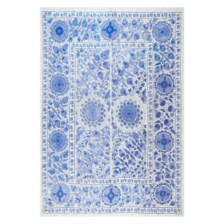 Silk Embroidery Wall Hanging in Blue & Cream. Uzbek Bedspread. Handmade Tablecloth. Suzani Textile Wall Tapestry
