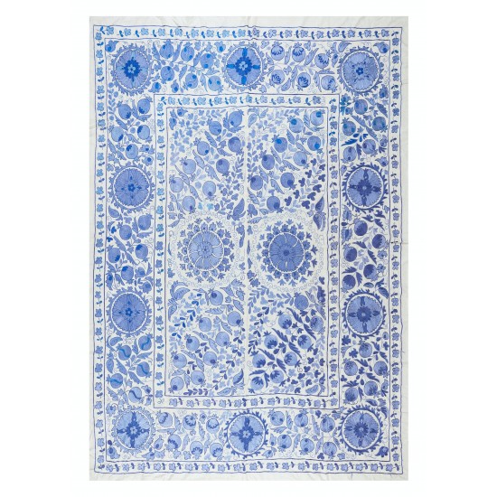 Silk Embroidery Wall Hanging in Blue & Cream, Uzbek Bedspread, Handmade Tablecloth, Suzani Textile Wall Tapestry