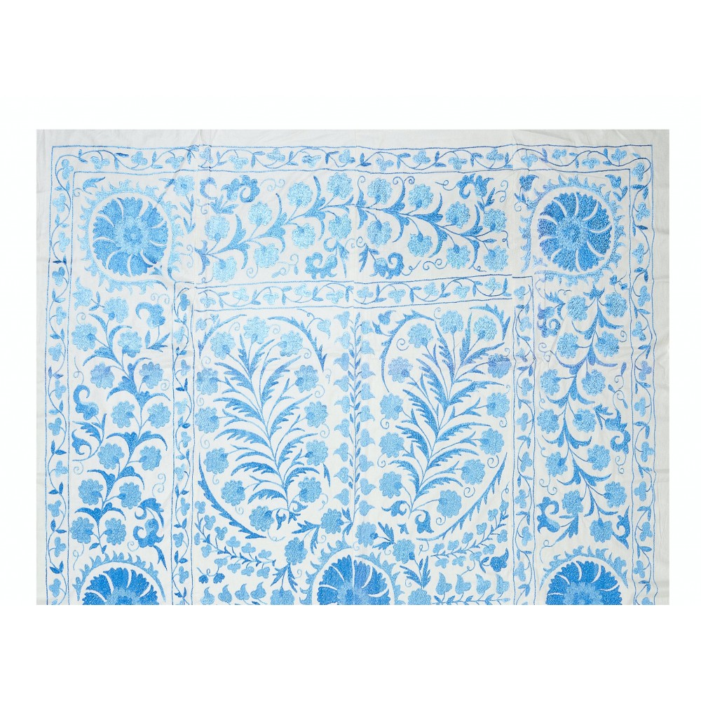 Modern Suzani Textile Bed Cover in Cream & Light Blue. Silk Embroidery Wall Hanging