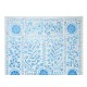 Modern Suzani Textile Bed Cover in Cream & Light Blue. Silk Embroidery Wall Hanging