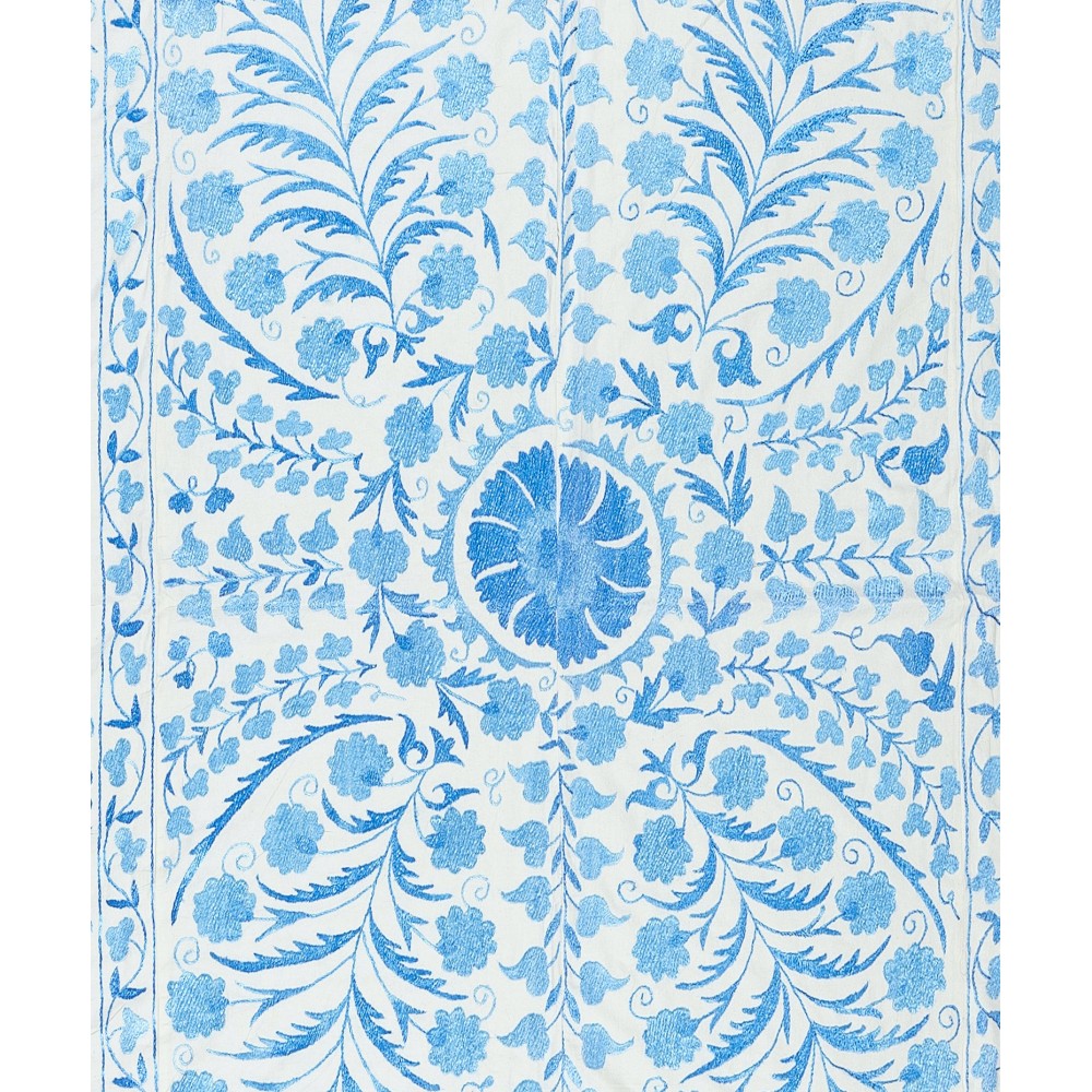 Modern Suzani Textile Bed Cover in Cream & Light Blue. Silk Embroidery Wall Hanging