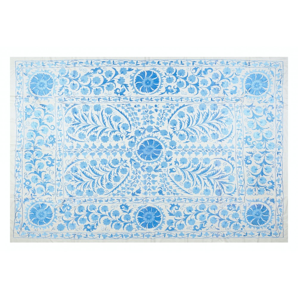 Modern Suzani Textile Bed Cover in Cream & Light Blue. Silk Embroidery Wall Hanging