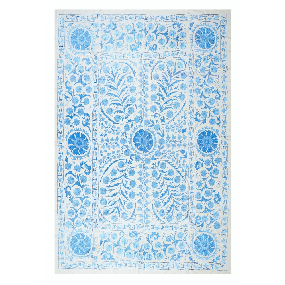 Modern Suzani Textile Bed Cover in Cream & Light Blue. Silk Embroidery Wall Hanging