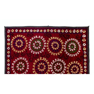 Embroidered Bed Cover. Vintage Wall Hanging. Red Tapestry. Silk Throw