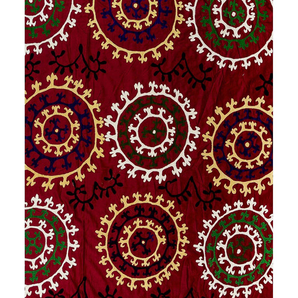 Embroidered Bed Cover, Vintage Wall Hanging, Red Tapestry, Silk Throw