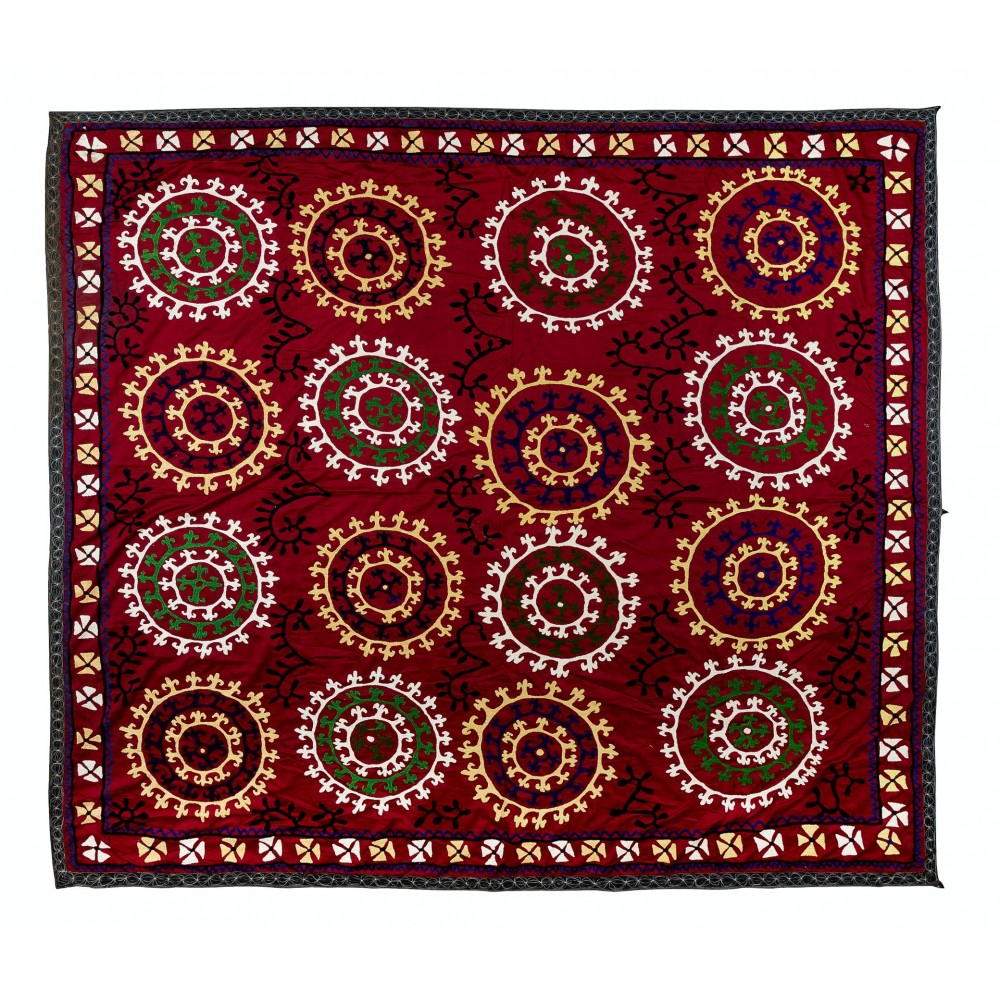 Embroidered Bed Cover, Vintage Wall Hanging, Red Tapestry, Silk Throw