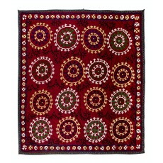 Embroidered Bed Cover. Vintage Wall Hanging. Red Tapestry. Silk Throw