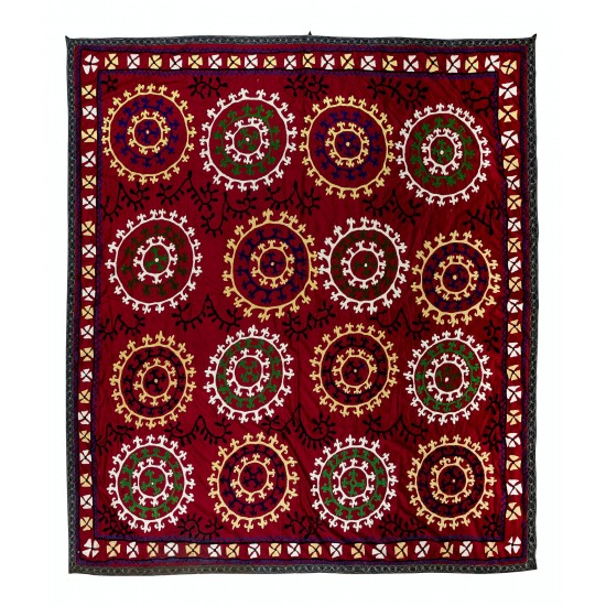 Embroidered Bed Cover, Vintage Wall Hanging, Red Tapestry, Silk Throw