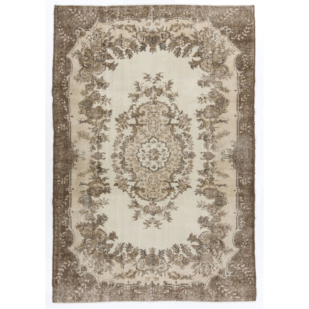 Authentic Vintage Handmade Turkish Wool Area Rug with Floral Medallion Design