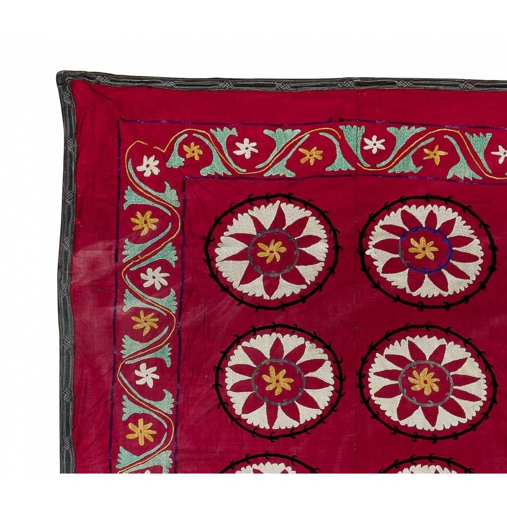 Vintage Silk Hand Embroidery Bed Cover, Central Asian Suzani Wall Hanging