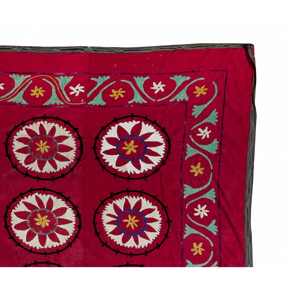 Vintage Silk Hand Embroidery Bed Cover, Central Asian Suzani Wall Hanging