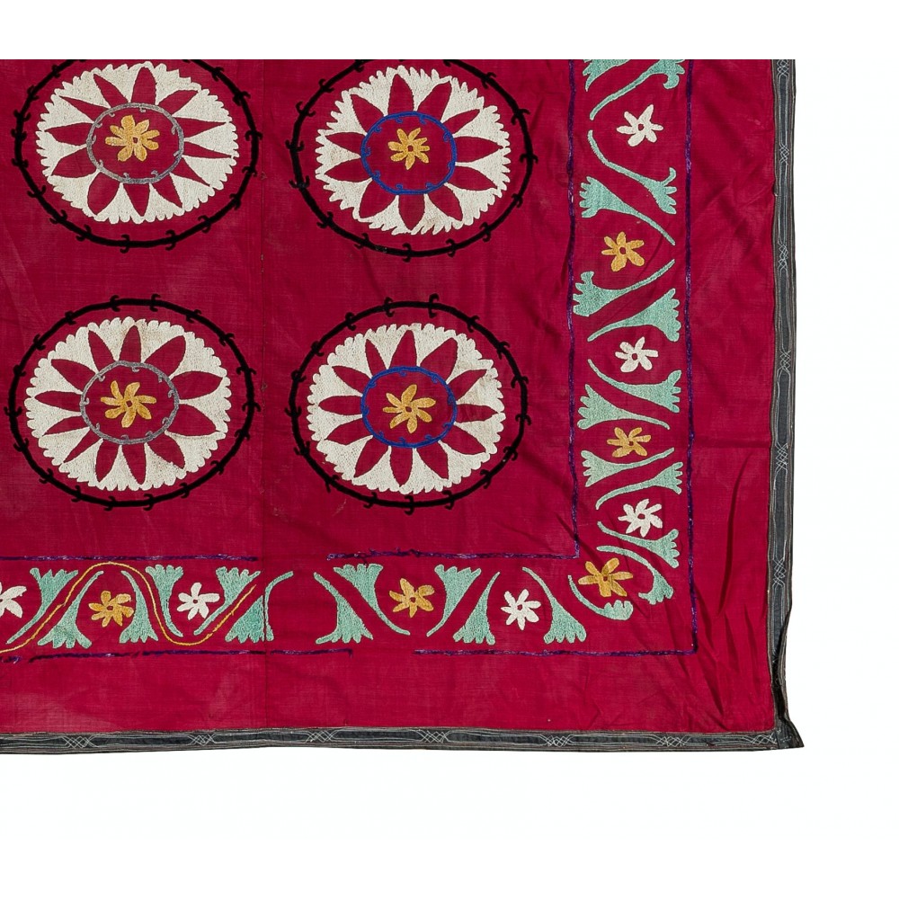 Vintage Silk Hand Embroidery Bed Cover, Central Asian Suzani Wall Hanging
