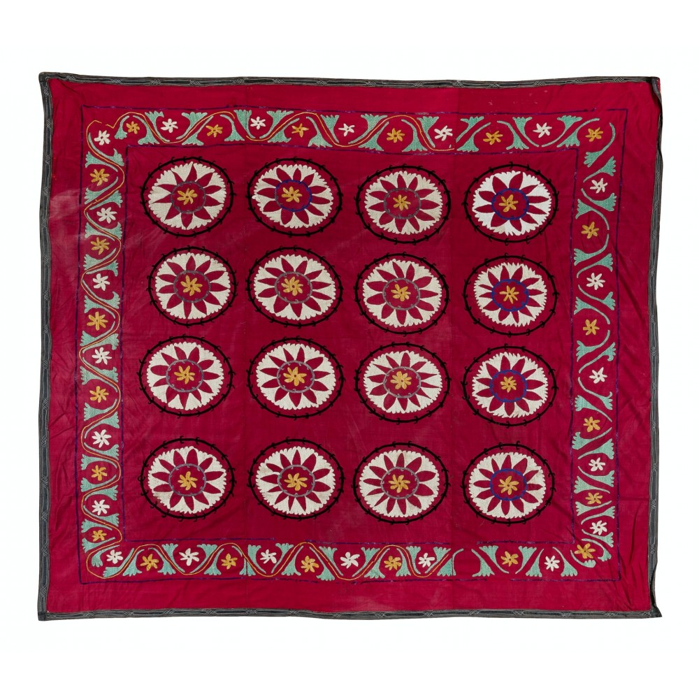Vintage Silk Hand Embroidery Bed Cover, Central Asian Suzani Wall Hanging
