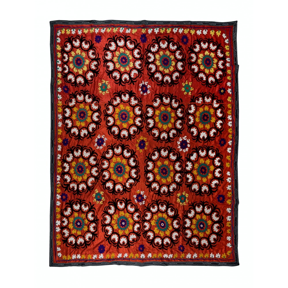 Vintage Traditional Silk Embroidery Bed Cover, Asian Suzani Wall Hanging