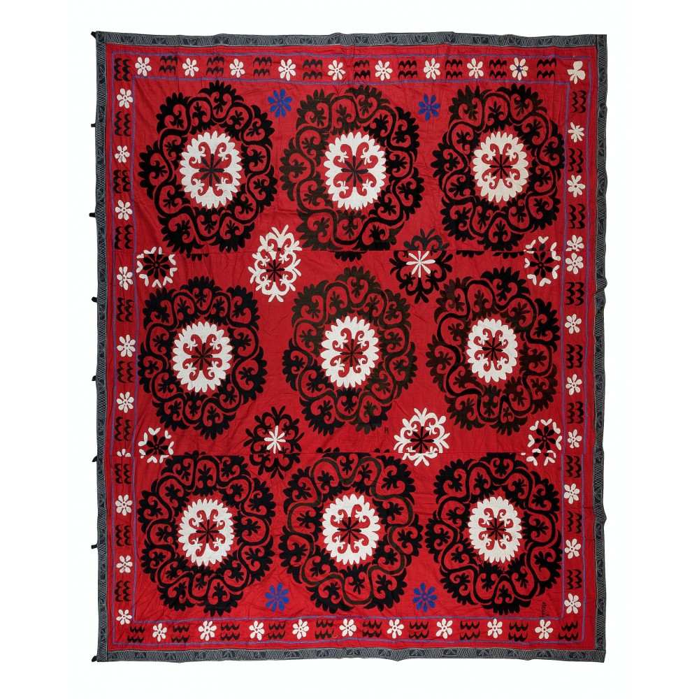 Vintage Silk Hand Embroidery Bed Cover, Authentic Suzani Wall Hanging From Central Asia