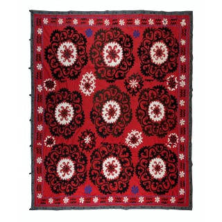Vintage Silk Hand Embroidery Bed Cover. Suzani Textile Wall Hanging