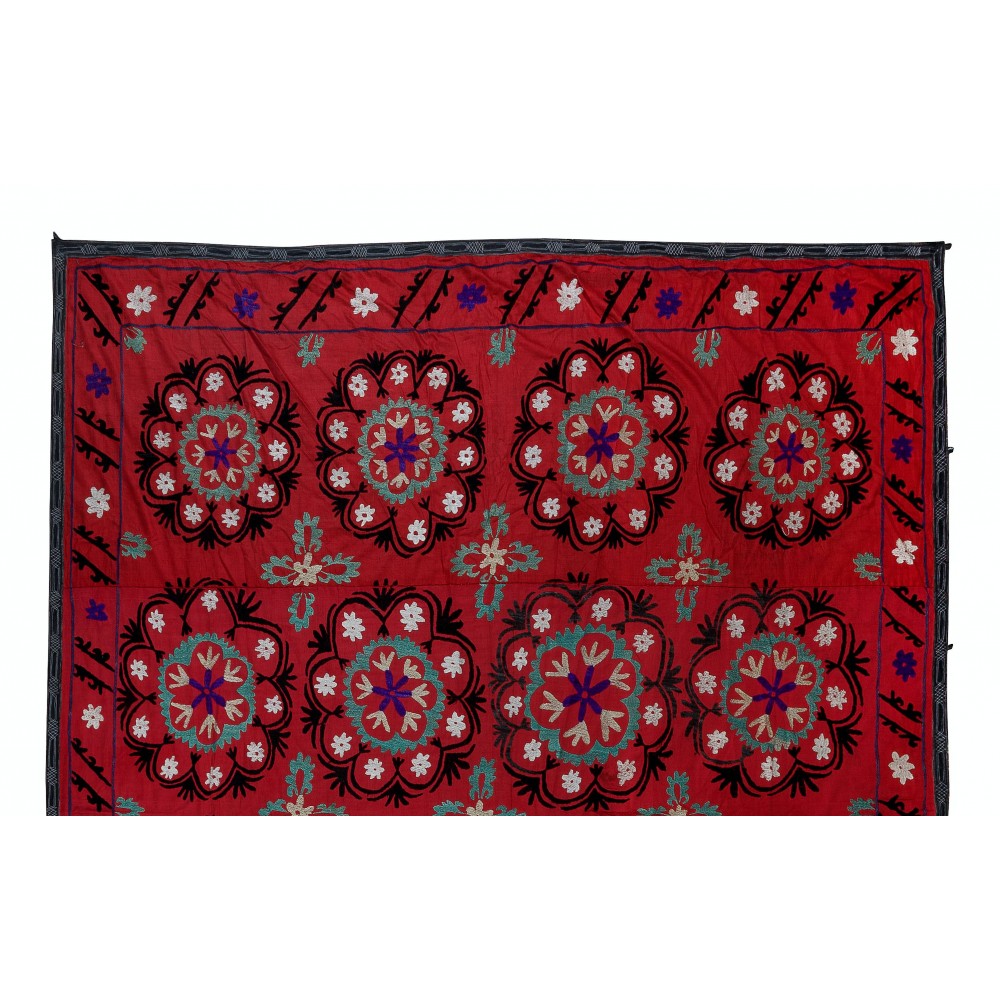 Vintage Silk Hand Embroidery Bed Cover, Central Asian Suzani Wall Hanging