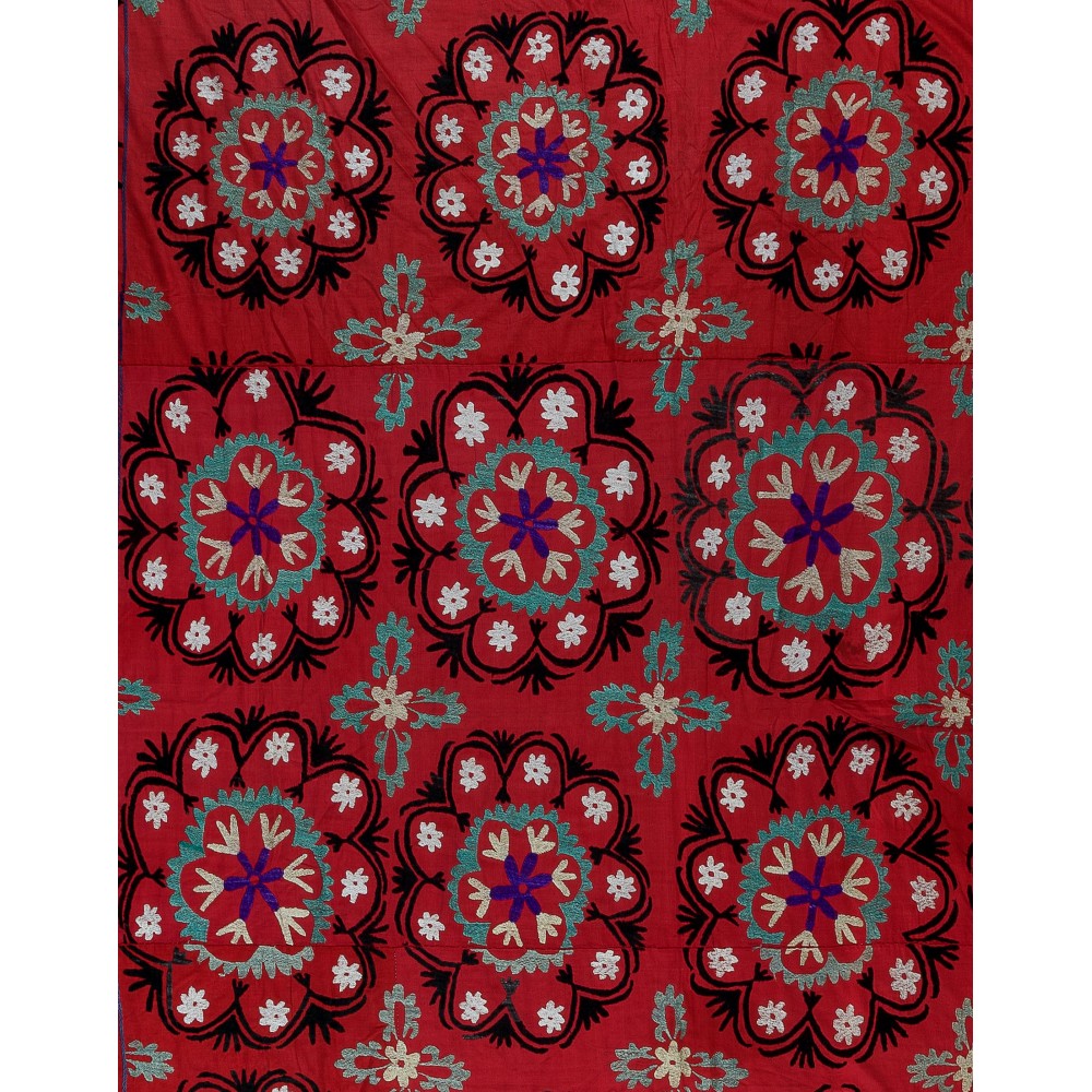 Vintage Silk Hand Embroidery Bed Cover, Central Asian Suzani Wall Hanging