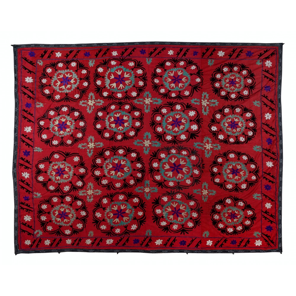Vintage Silk Hand Embroidery Bed Cover, Central Asian Suzani Wall Hanging