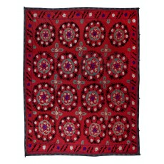Vintage Silk Hand Embroidery Bed Cover. Traditional Suzani Textile Wall Hanging