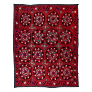 Vintage Silk Hand Embroidery Bed Cover. Traditional Suzani Textile Wall Hanging