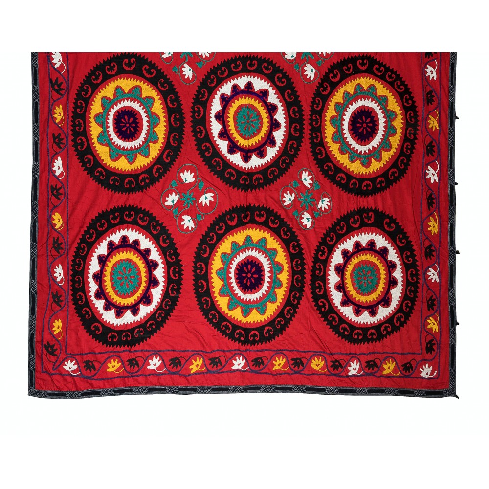 Vintage Silk Hand Embroidery Bed Cover, Central Asian Suzani Wall Hanging