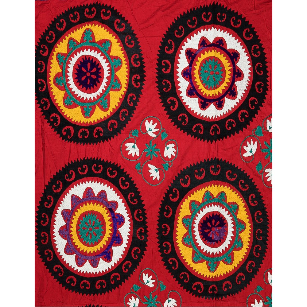 Vintage Silk Hand Embroidery Bed Cover, Central Asian Suzani Wall Hanging