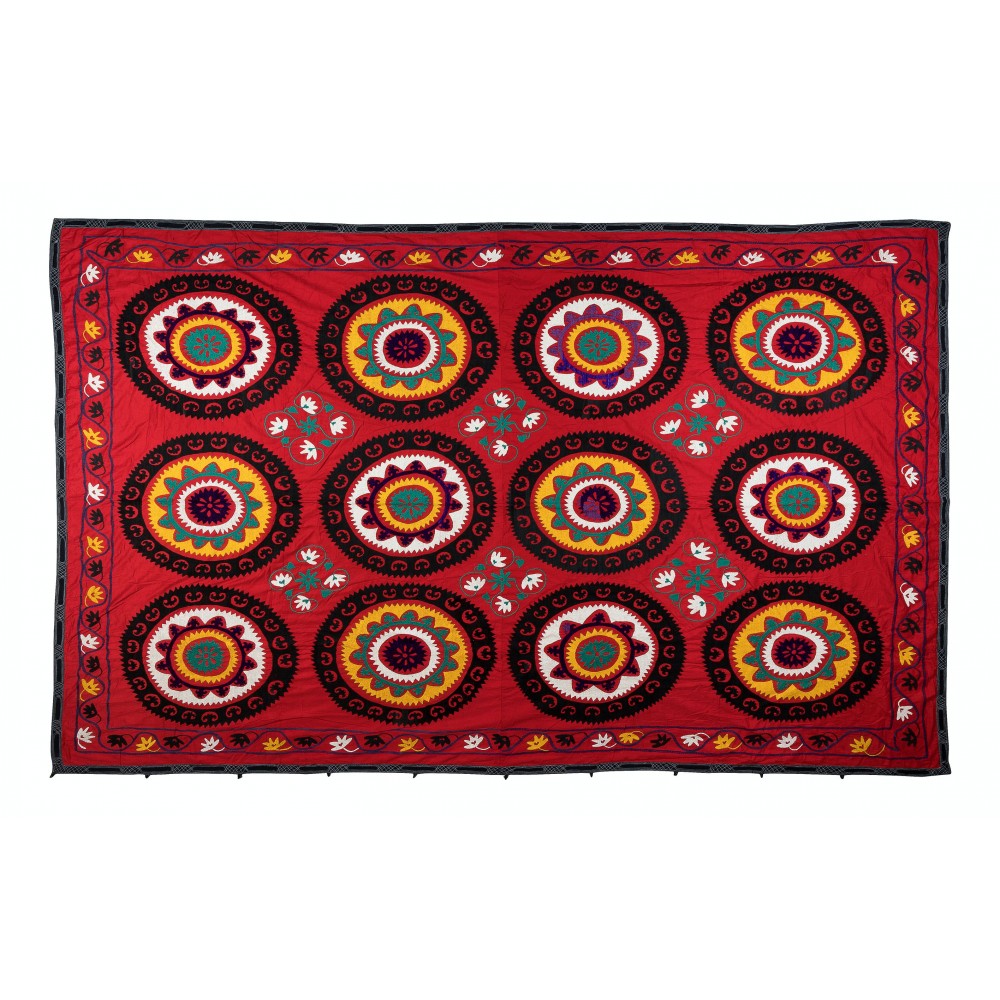 Vintage Silk Hand Embroidery Bed Cover, Central Asian Suzani Wall Hanging