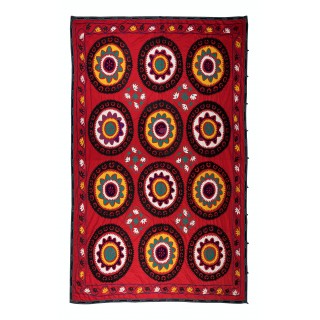 Vintage Silk Hand Embroidery Bed Cover. Traditional Suzani Textile Wall Hanging