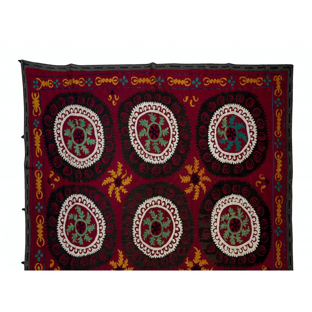 Vintage Silk Hand Embroidery Bed Cover, Central Asian Suzani Wall Hanging