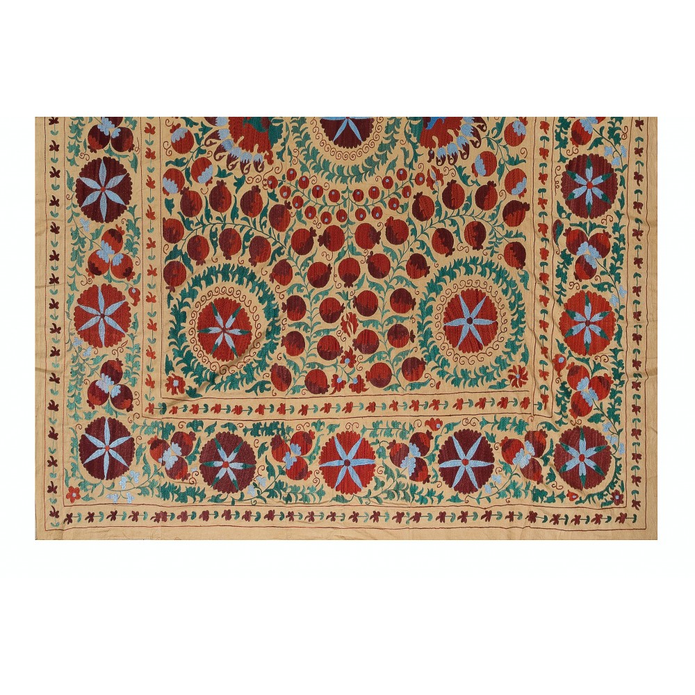 Vintage Silk Hand Embroidery Bed Cover, Central Asian Suzani Wall Hanging